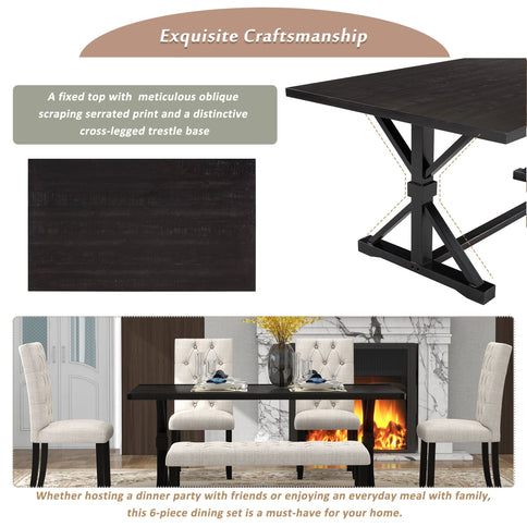 6 Piece Dining Table Set With Rectangular Wood Table, 4 Upholstered Chairs, Bench