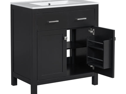 Bathroom Vanity With Ceramic Sink, Modern Single Bathroom Cabinet With 2 Doors And A Shelf, Soft Close Doors