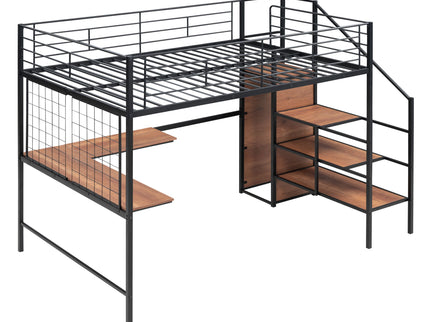 Loft Bed With Desk And Grid, Stylish Frame With Lateral Storage Ladder And Wardrobe