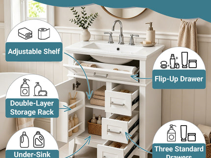 Modern Bathroom Vanity With Sink, Flip Drawer & 3 Drawers, Soft Close Hinges, Adjustable Shelf