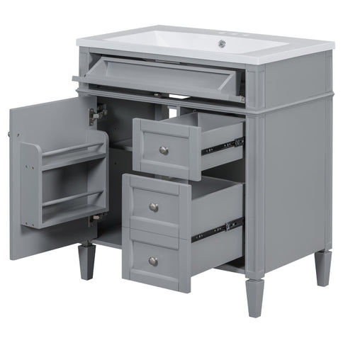 Bathroom Vanity With Top Sink, 2 Doors And 3 Drawers, Freestanding Set With Mirror Cabinet