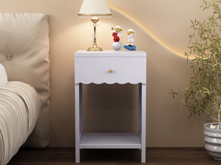 Nightstand With Drawer And Open Shelf, Scalloped Edge Bedside Table