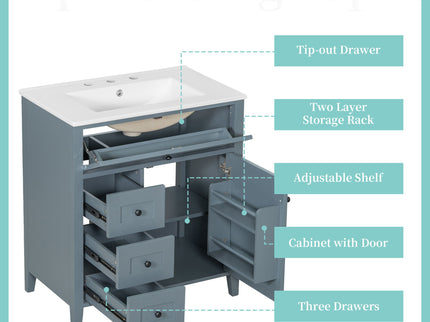 Modern Bathroom Vanity With Sink, 3 Drawers And Adjustable Shelf