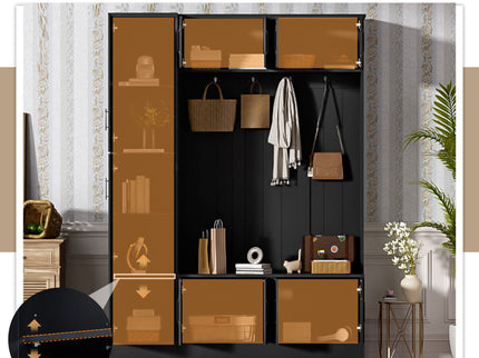 Tall Hall Tree With Shoe Storage, 4 In 1 Entryway Bench With 6 Cabinets, 4 Coat Hooks & Adjustable Shelf For Hallway - Black