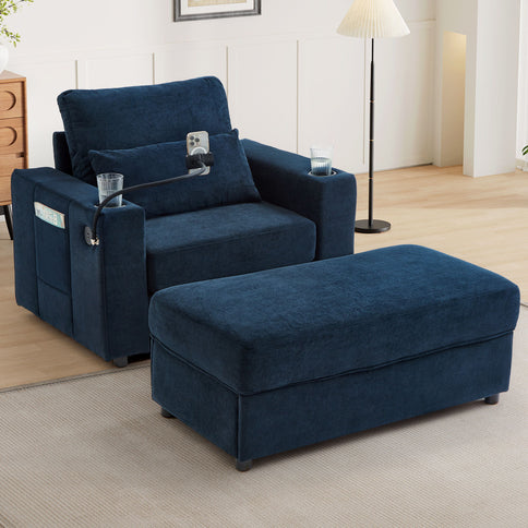 Modern Style Armchair Chaise Lounge Sofa Couch With Movable Storage Ottoman, USB Ports, Cup Holders, Phone Holder, Side Pockets