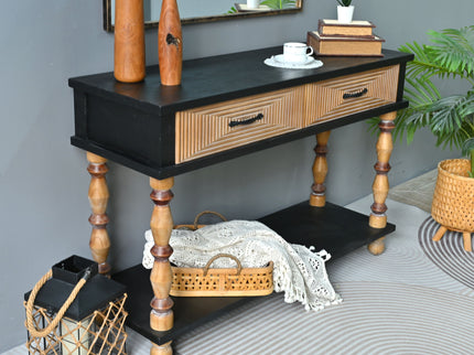 Accent Carved Console Table With Open Shelf And 2 Drawers Living Room - Black / Natural Wood Wash