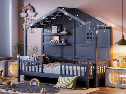 House Bed With Shelves, Window And Sparkling Light Strip On The Roof