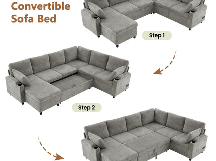 U-Shaped Sectional Sleeper Sofa With Ample Storage Space, 2 Cup Holders And Charging Ports For Living Room