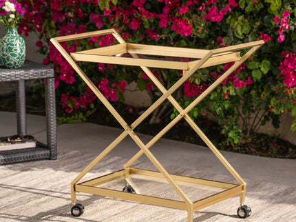 Sherianne - Industrial Bar Cart With Tempered Glass Shelves And Swivel Wheels - Gold