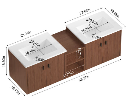 Soft Close Doors Bathroom Vanity With Small Storage Shelves, 24" And 12" Combination Cabinet - Reddish Brown