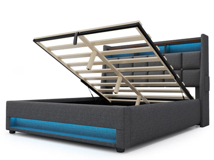 Platform Bed With Hydraulic Storage, LED Lighting & Charging Station