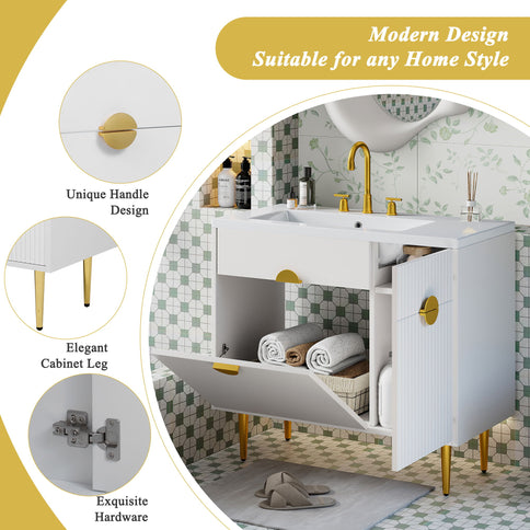 Bathroom Vanity With Sink, Storage Cabinet Soft Closing Door And Drop Down Compartment - White