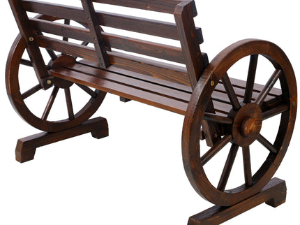 Rustic Country 2 Person Wooden Wagon Wheel Bench With Slatted Seat And Backrest - Brown