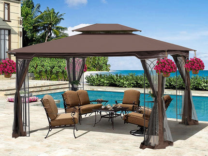 13 0 Outdoor Patio Gazebo Canopy Tent With Ventilated Double Roof And Mosquito Net (Detachable Mesh Screen On All Sides) Suitable For Lawn Garden Backyard And Deck Top - Brown