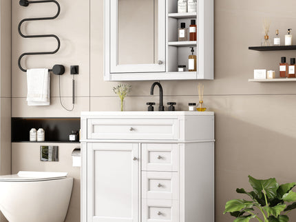 Bathroom Vanity With Top Sink, 2 Doors And 3 Drawers, Freestanding Set With Mirror Cabinet