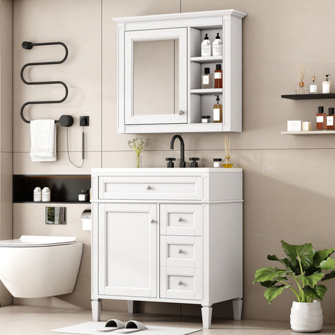 Bathroom Vanity With Top Sink, 2 Doors And 3 Drawers, Freestanding Set With Mirror Cabinet