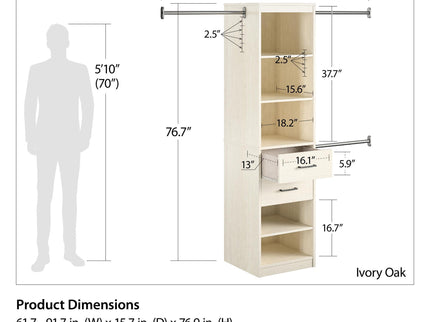 Kelly - 5 Shelf 2 Drawer Closet Organizer With 3 Adjustable Hanging Rods - Ivory