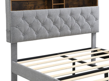 Modern Upholstered Platform Bed Frame With Button Tufted Headboard And USB Ports