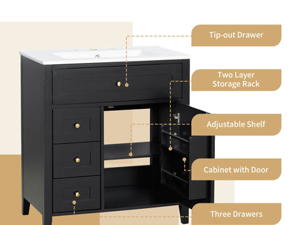 Modern Bathroom Vanity With Sink, 3 Drawers And Adjustable Shelf
