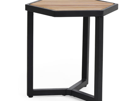 Outdoor Side Table With Iron Base And Slatted Top - Brown
