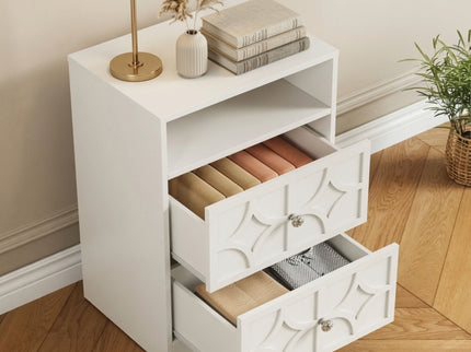 Nightstand With Diamond Carvings Handles, 2 Drawers & Charging Station