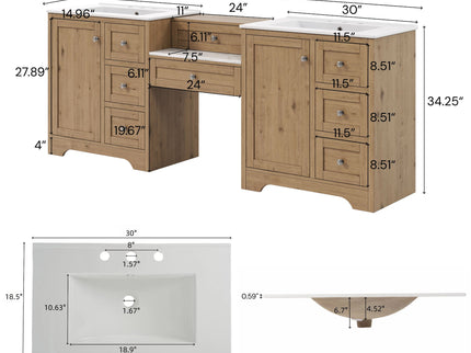 Double Sink Bathroom Vanity With Countertop, 2 Ceramic Sinks, 6 Drawers, Soft Close Design
