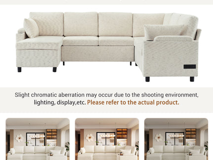 U-Shaped Sectional Sleeper Sofa With Ample Storage Space, 2 Cup Holders And Charging Ports For Living Room