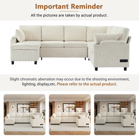 U-Shaped Sectional Sleeper Sofa With Ample Storage Space, 2 Cup Holders And Charging Ports For Living Room