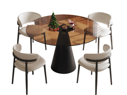 Round Dining Table With Tempered Glass Top - Black / Brown