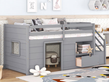 Low Loft Bed With Stair, Drawer, And Shelf