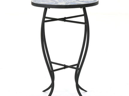 Outdoor Round Side Table With Mosaic Style Top And Curved Iron Legs - Blue / Matte Black