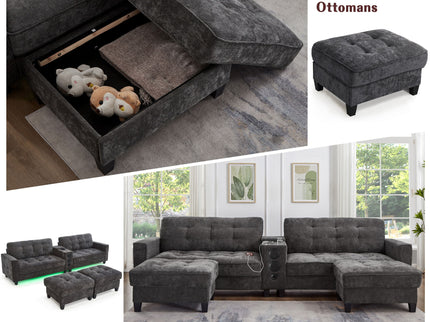 Modern Sectional Sofa U-Shaped With Movable Ottomans, tooth Speakers, LED Lights And Modular Storage
