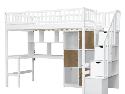 Loft Bed With Built In L Shaped Desk, LED Lights, Storage Shelves, Cabinets, And Staircase