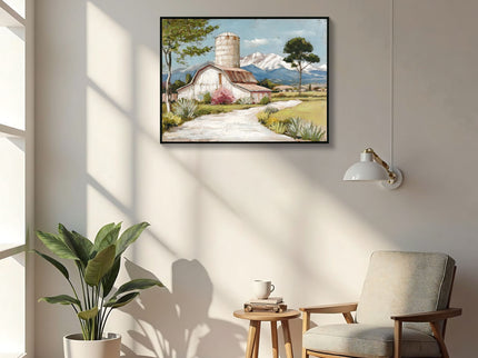 Framed Canvas Wall Art Beautiful Field Painting Wildflower Barn Print Nature Scenery Picture For Home - Blue / Pink