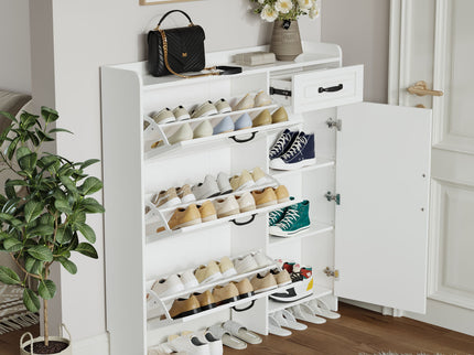 Shoe Cabinet With 4 Doors 1 Drawers, PVC Door With Shape, Large Space For Storage - White