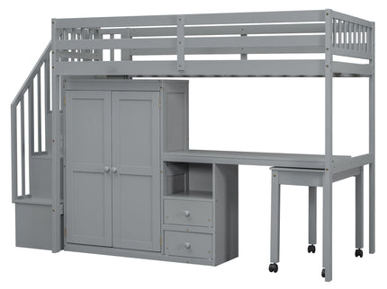 Loft Bed With Stairs, Bookshelf, Drawers, Desk & Wardrobe, Space Saving Multifunctional Furniture