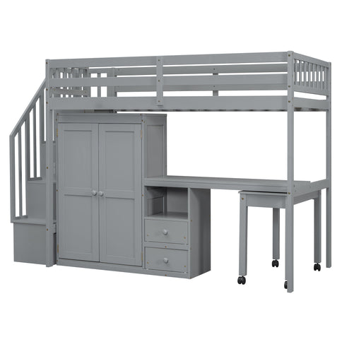 Loft Bed With Stairs, Bookshelf, Drawers, Desk & Wardrobe, Space Saving Multifunctional Furniture