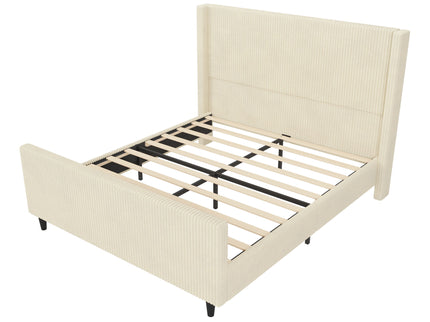Upholstered Bed Frame With Vertical Stripe Wingback And High Footboard