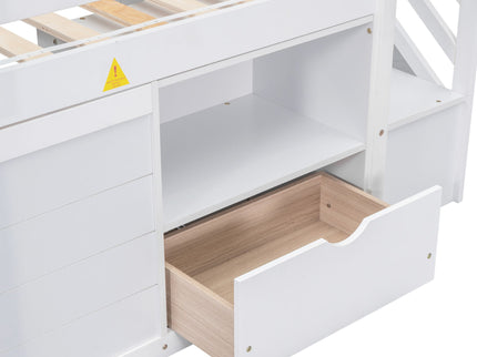 Low Loft Bed With Stair, Drawer, And Shelf