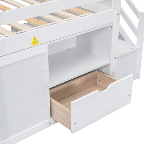 Low Loft Bed With Stair, Drawer, And Shelf