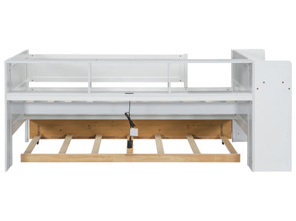 Twin Daybed With Drawers, Trundle, Headboard Storage, Study Desk, And USB Charging Station - White