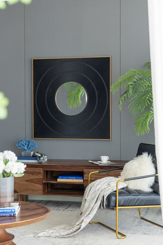 Square Carved Mirror With Pleated Design WithIron Frame, Neutral Colorway Wall Decor For Living Room Bathroom Entryway