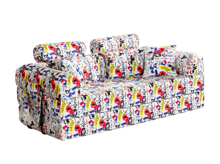 Pop Graffiti Printed Convertible Sleeper Sofa Bed, Foldable Multi Functional Couch For Living Room - White