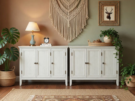 3 Door Buffet Cabinet With Adjustable Shelves - Matte White / Grayish