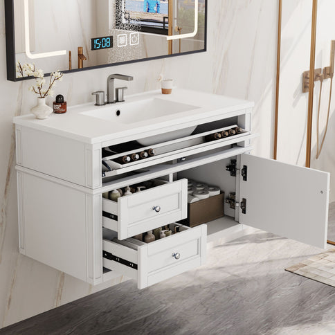 Modern Wall Mounted Floating Cabinet With Double Drawer And Sink