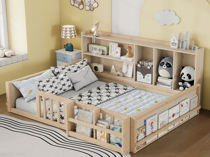 Platform Bed Frame With Guardrail, Storage Shelves & Bookshelf