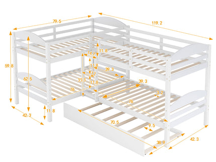 Twin L-Shaped Bunk Bed With Trundle - White