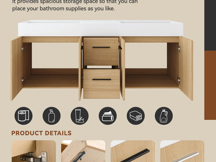 Floating Double Sink Bathroom Vanity With Drawers And Doors, Extra Large Storage, Integrated Sink, Soft Close Hardware - Glossy White / Light Oak