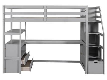 Loft Bed With Desk, Shelves, 2 Drawers, Storage Staircase