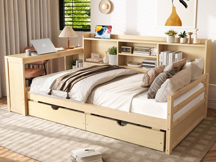 Corner Daybed With Storage Drawers, Desk, Charging Port & Bookcase